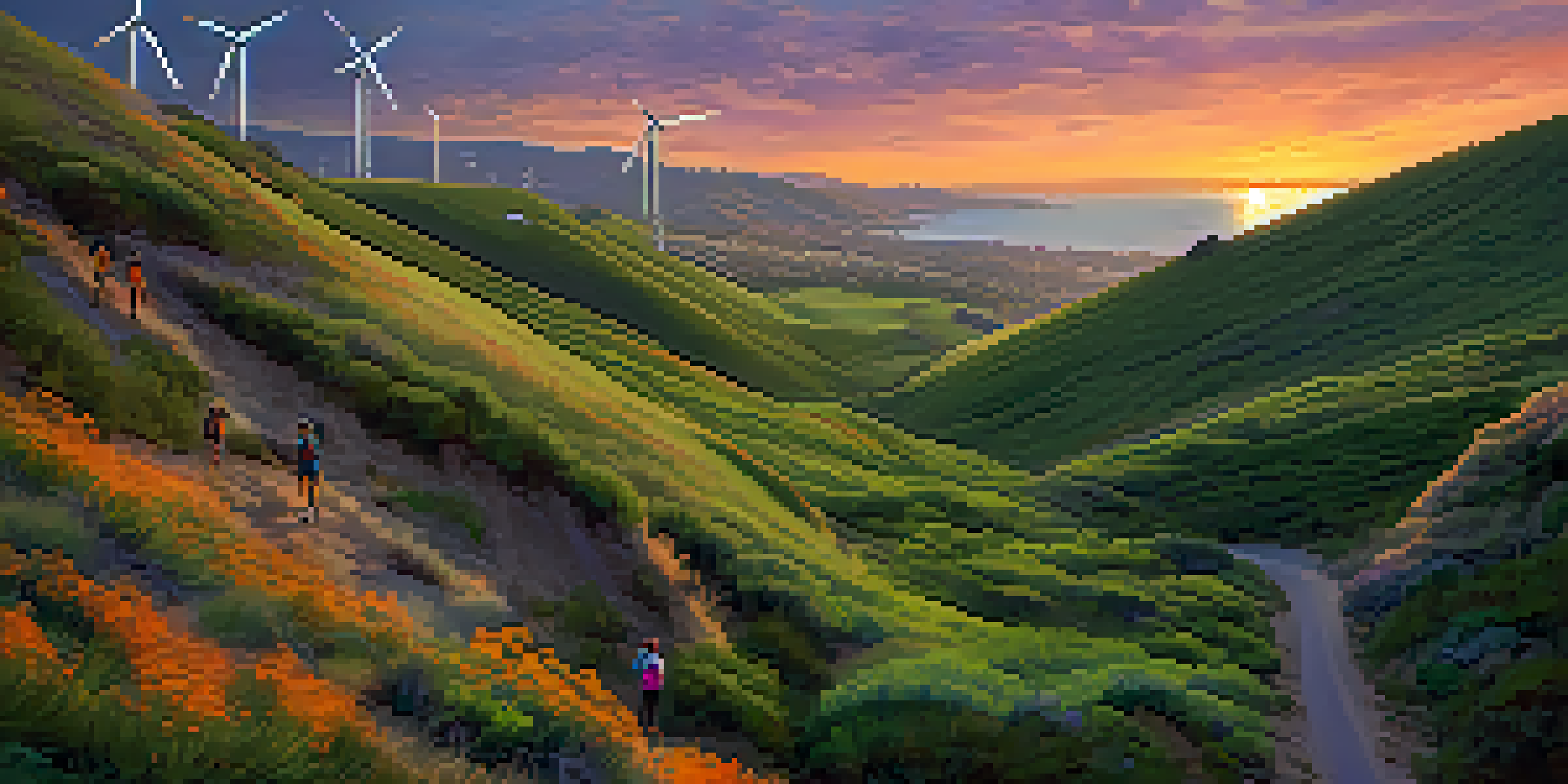 A scenic view of California's landscapes featuring hills, cliffs, a sunset sky, wind turbines, and hikers on a trail.