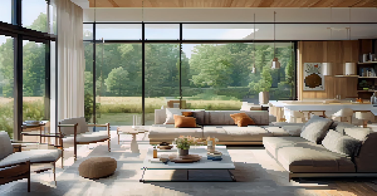 An interior of a Zero Energy Building with modern furniture and large windows, filled with natural light and eco-friendly decor.