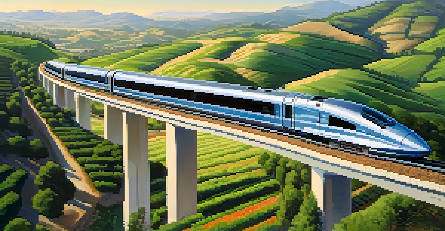 A modern high-speed train traveling through California's green hills and vineyards with a city skyline in the background.