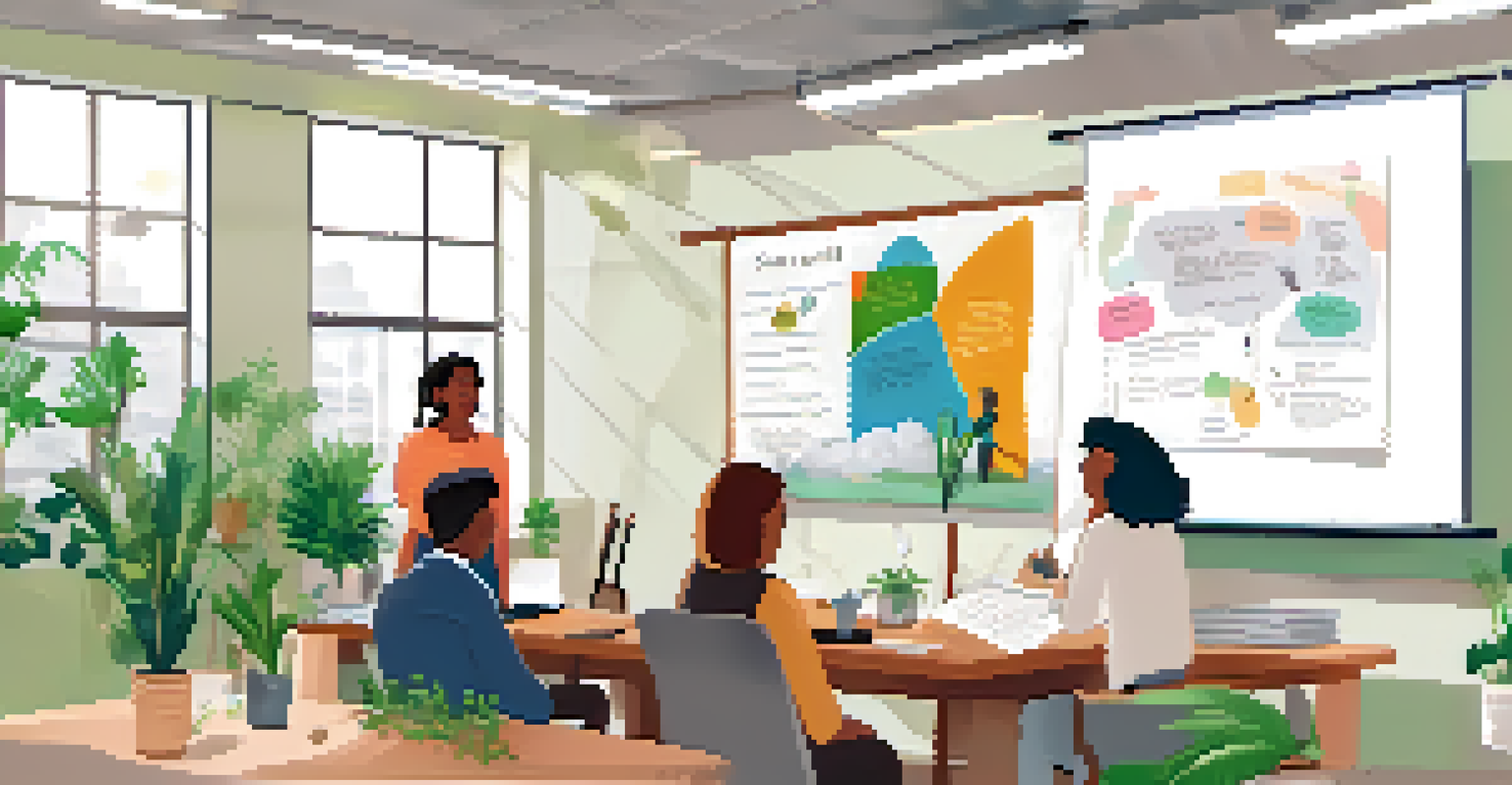 An office environment where an employee participates in a mental health workshop, with a facilitator using a whiteboard.