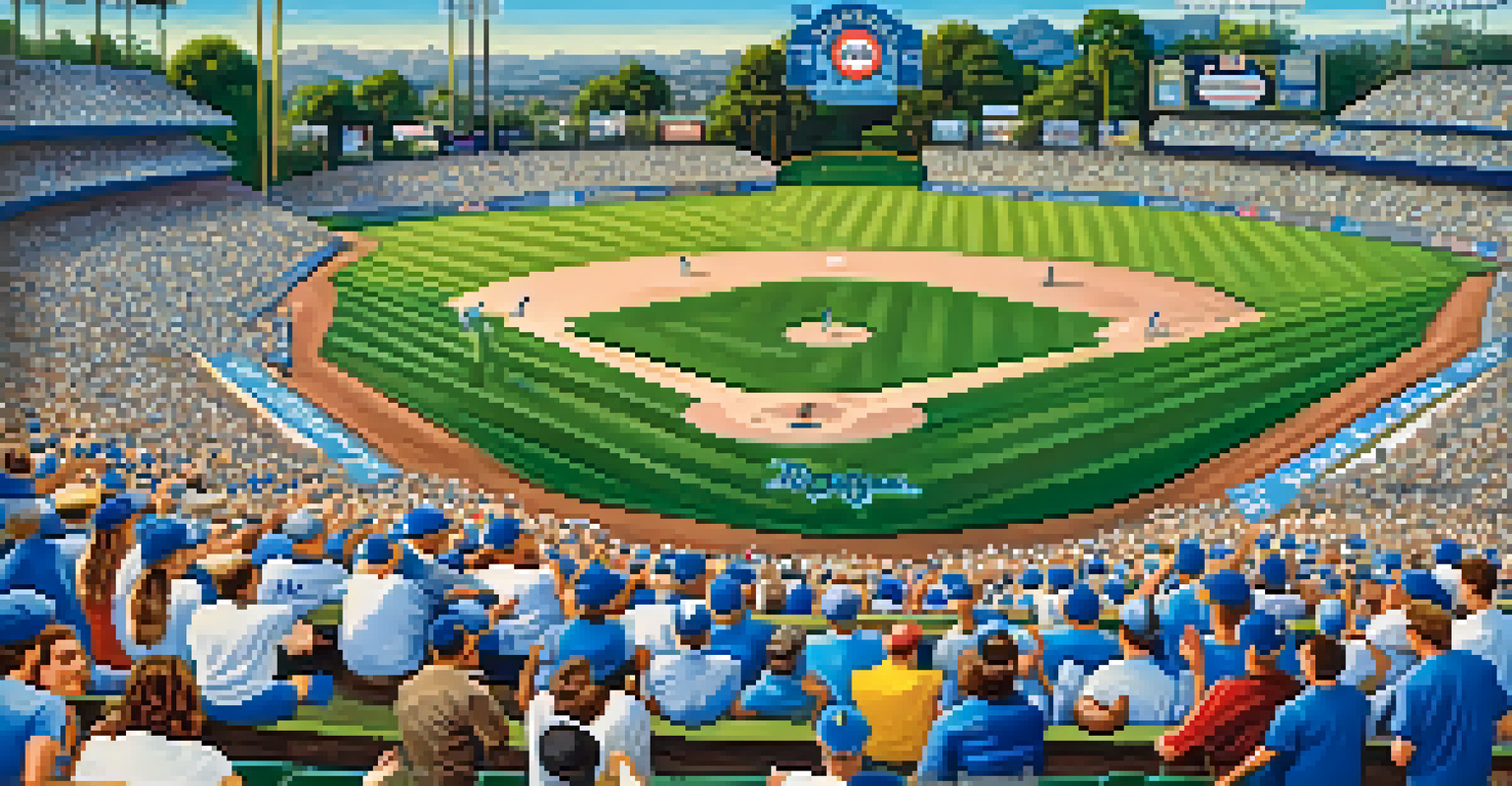 Fans cheering at Dodger Stadium during a baseball game, with players on the field and a clear blue sky overhead.