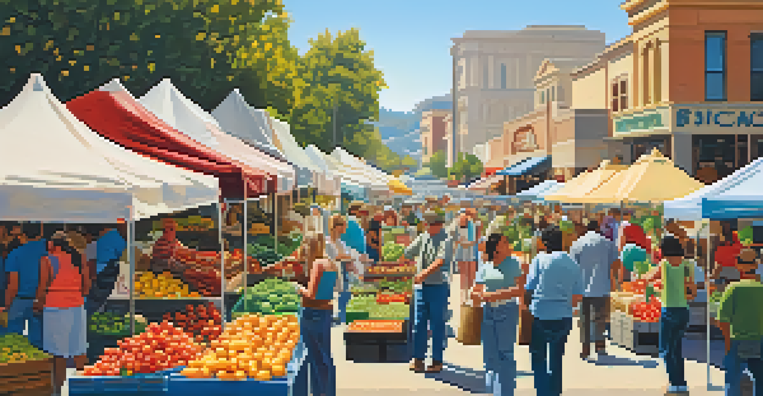 A lively farmers' market in California with colorful stalls of fresh produce and shoppers interacting with farmers under a clear blue sky.