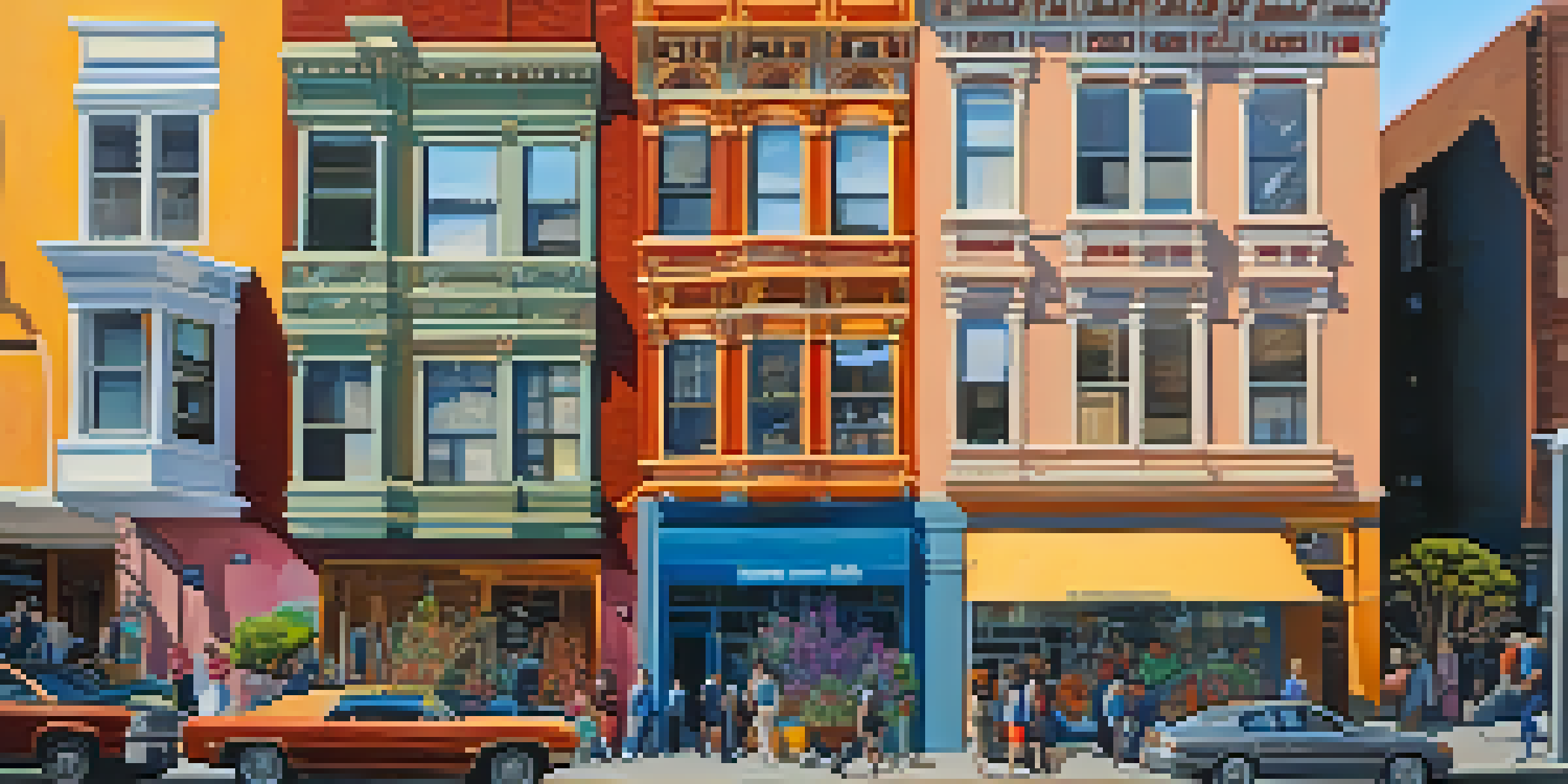 A lively street scene in San Francisco's Mission District with diverse residents and colorful murals.