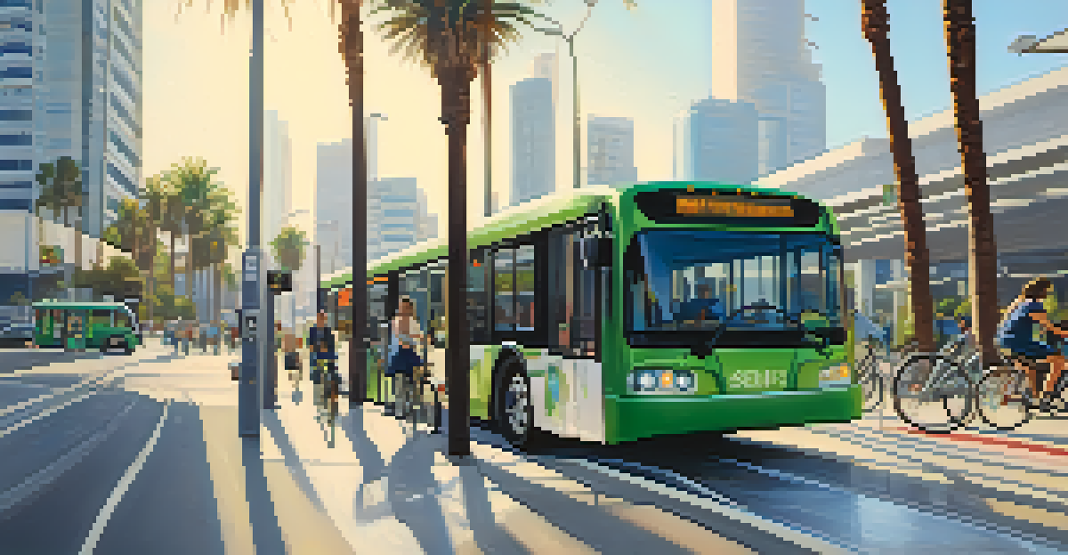 A bustling public transportation scene in Los Angeles showcasing electric buses, cyclists, and a modern metro station under a sunny sky.
