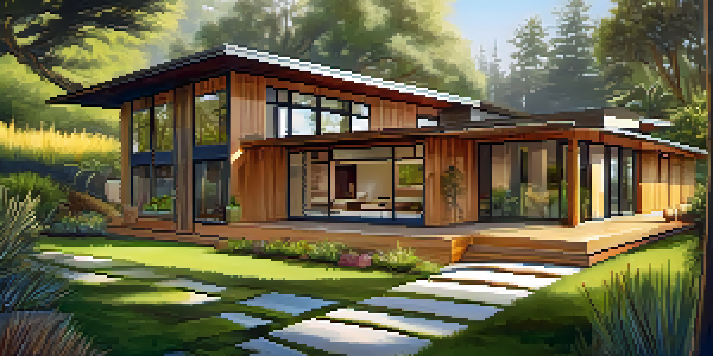 A modern eco-friendly house made from bamboo, surrounded by a lush garden with native plants and sunlight creating soft shadows.
