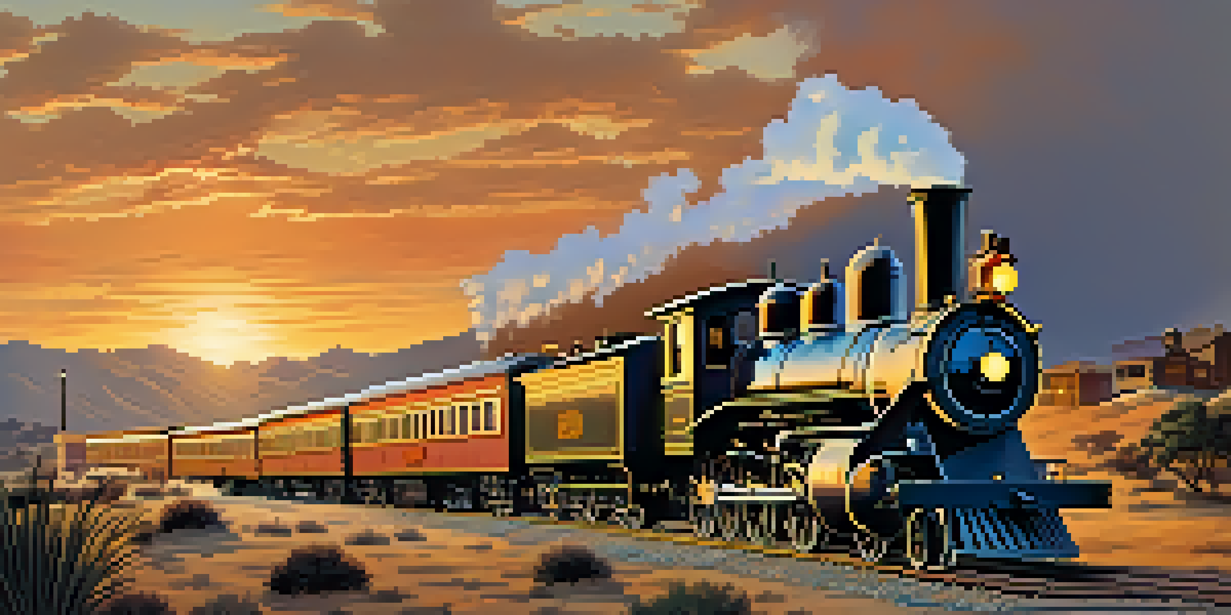 A historical railroad station in California during the mid-19th century, with vintage trains and people in period clothing boarding.