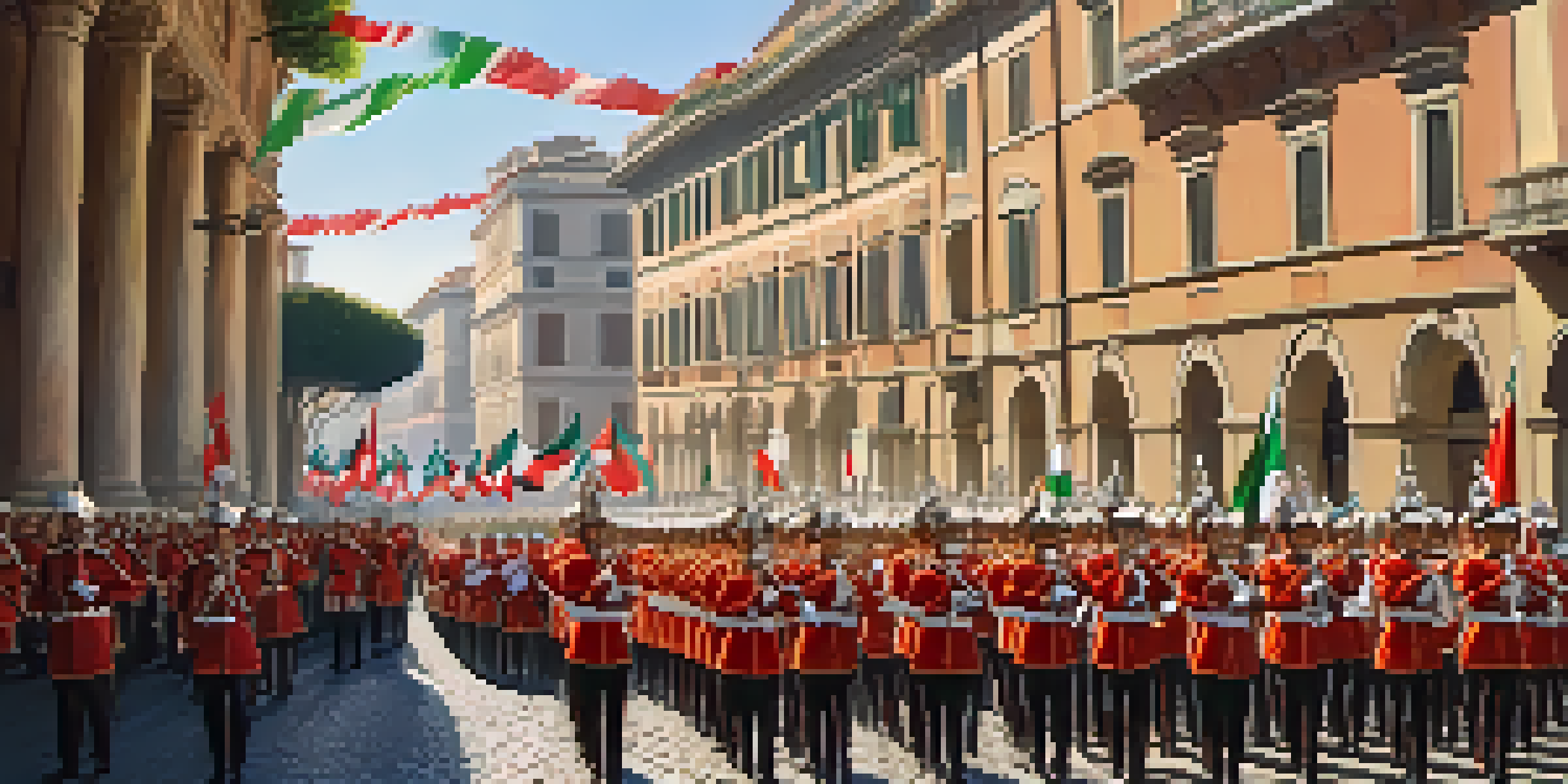 A lively parade during Festa della Repubblica in Rome with soldiers and fireworks, and crowds celebrating with Italian flags.