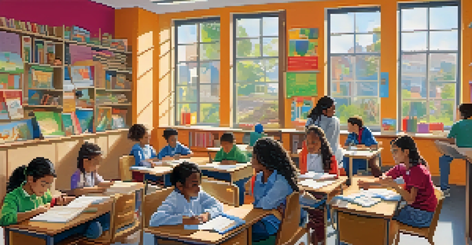 A diverse group of students working together in a bright classroom filled with educational materials and natural light.
