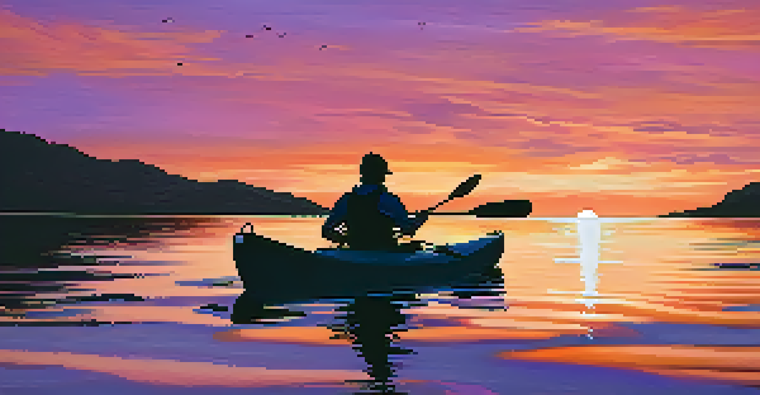 A silhouette of a kayaker against a colorful sunset on the Pacific Ocean.