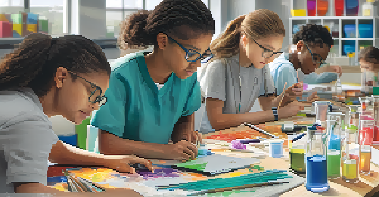 A close-up of students engaged in a science project with colorful materials on the table and a laptop open, highlighting a hands-on blended learning experience.
