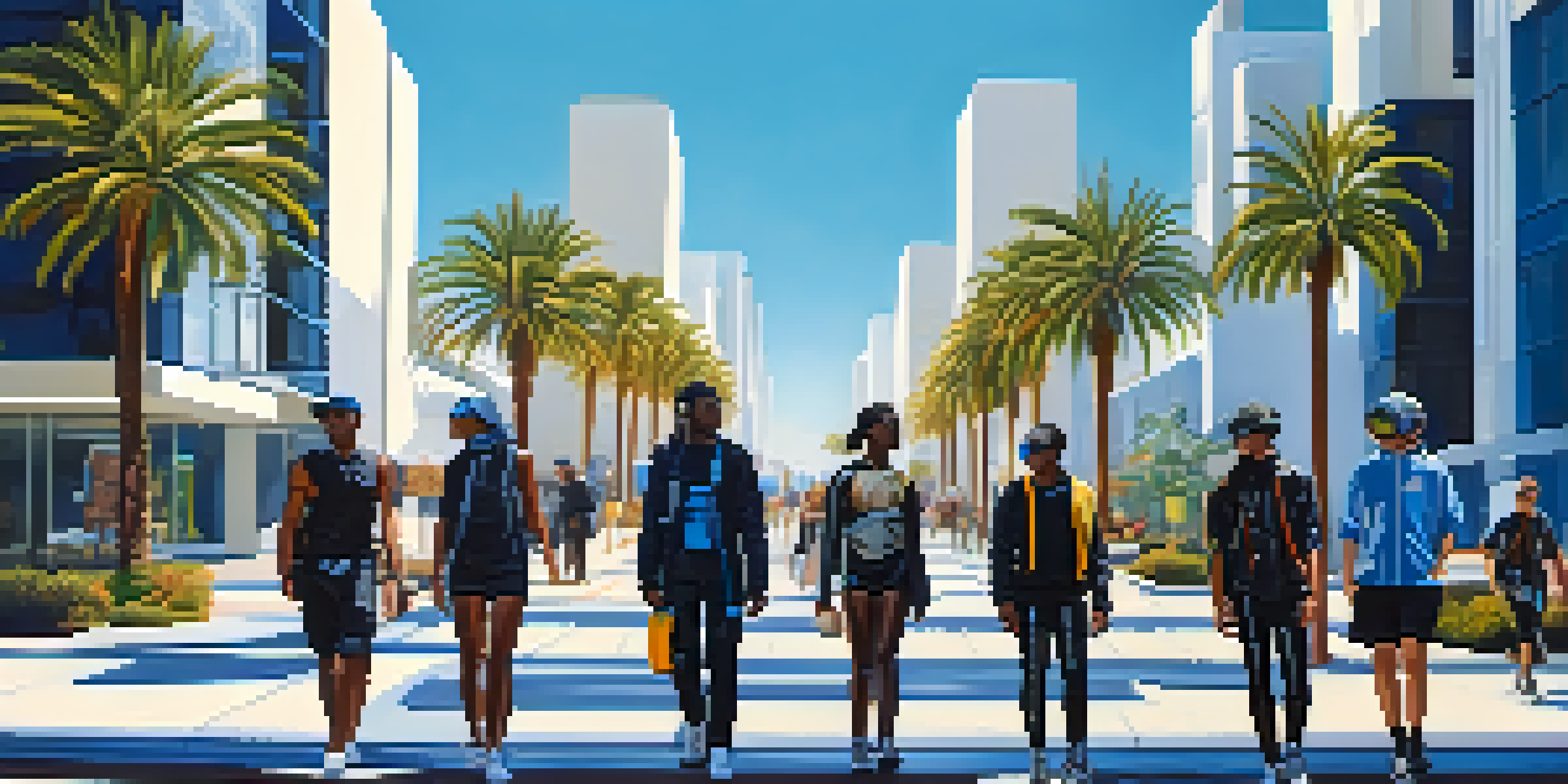 A vibrant street scene in California with people wearing futuristic tech wear, surrounded by palm trees and modern buildings, under a clear blue sky.