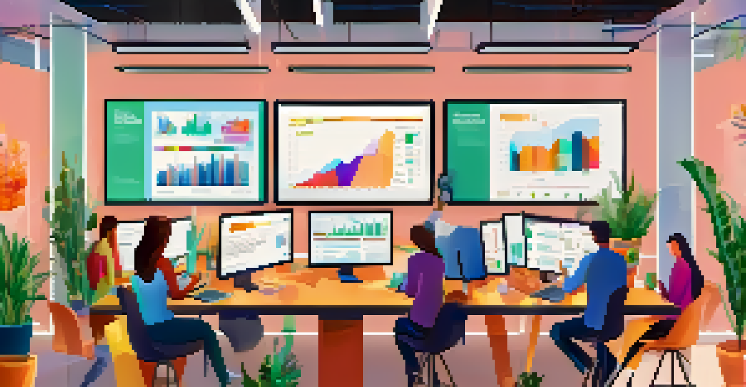 A modern workspace where a diverse team is collaborating on digital campaign strategies, with multiple screens showing social media analytics.