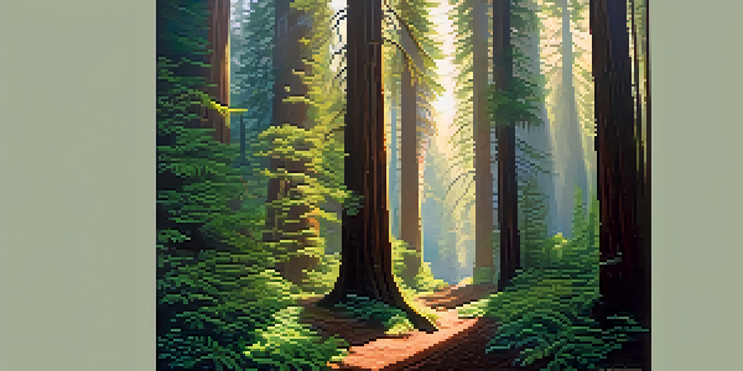 A dense forest with tall redwood trees and a shadowy figure resembling Bigfoot hidden among them, illuminated by sunlight.