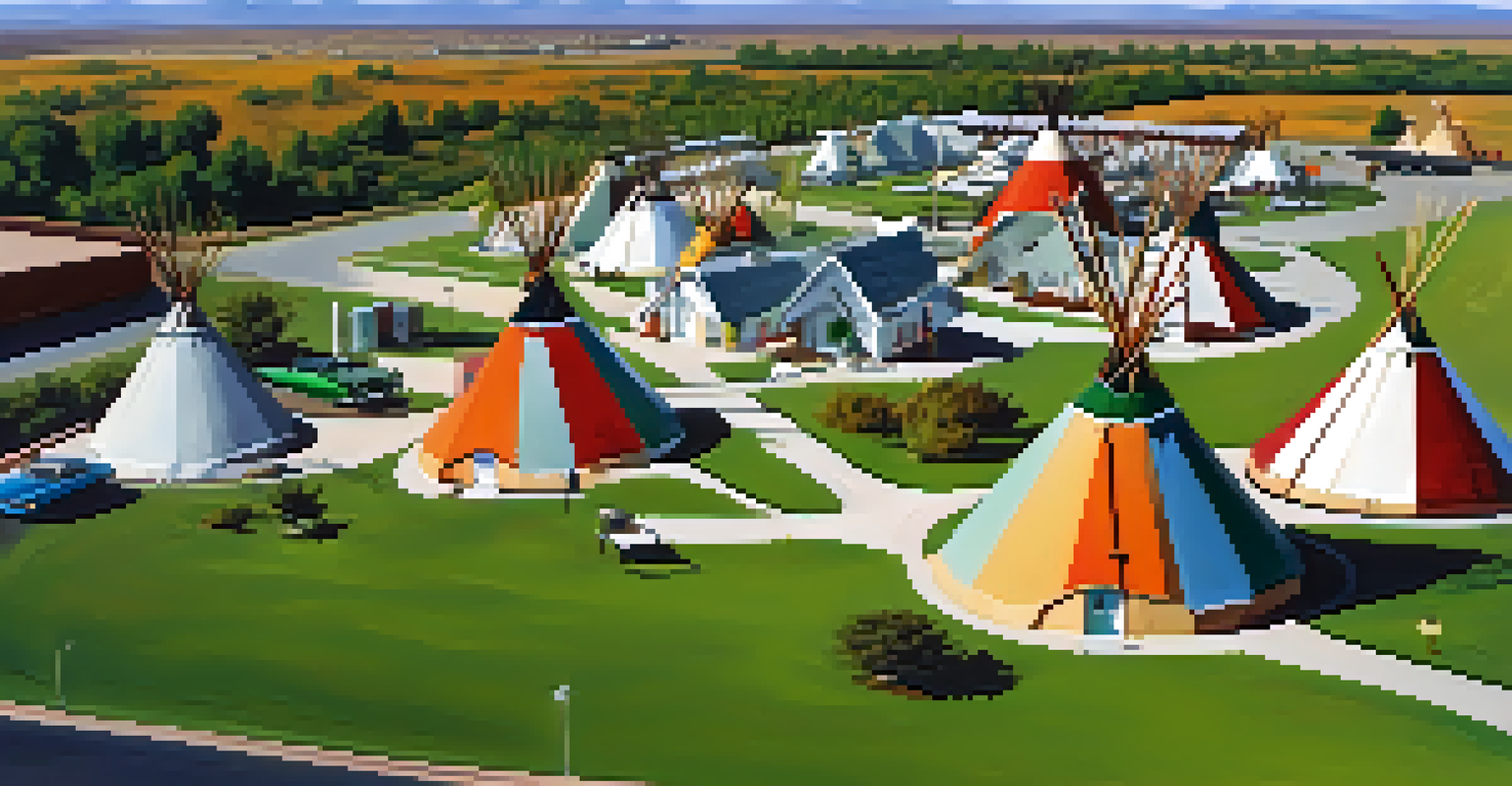 A unique motel with teepee-shaped rooms, surrounded by lush greenery and classic cars.