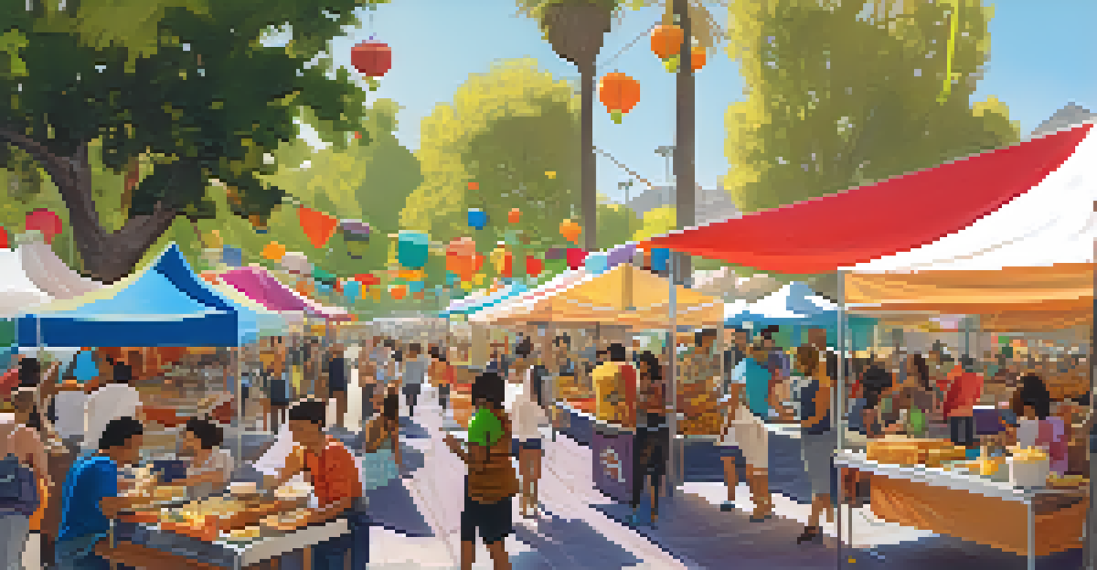 A lively outdoor food festival in Los Angeles with colorful tents and diverse food stalls, featuring visitors sampling dishes and enjoying live music.
