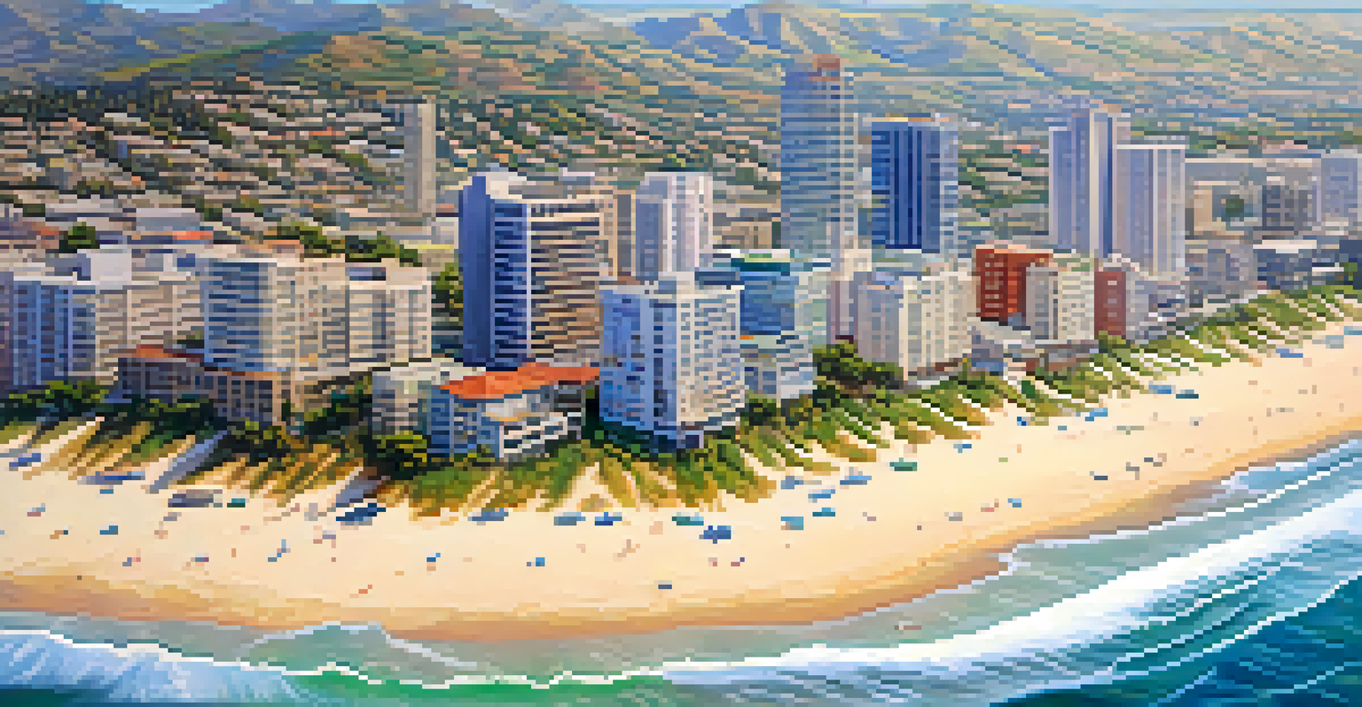 An aerial view of a coastal California city, featuring high-rise buildings, beaches, and greenery, showcasing the urban-natural contrast.