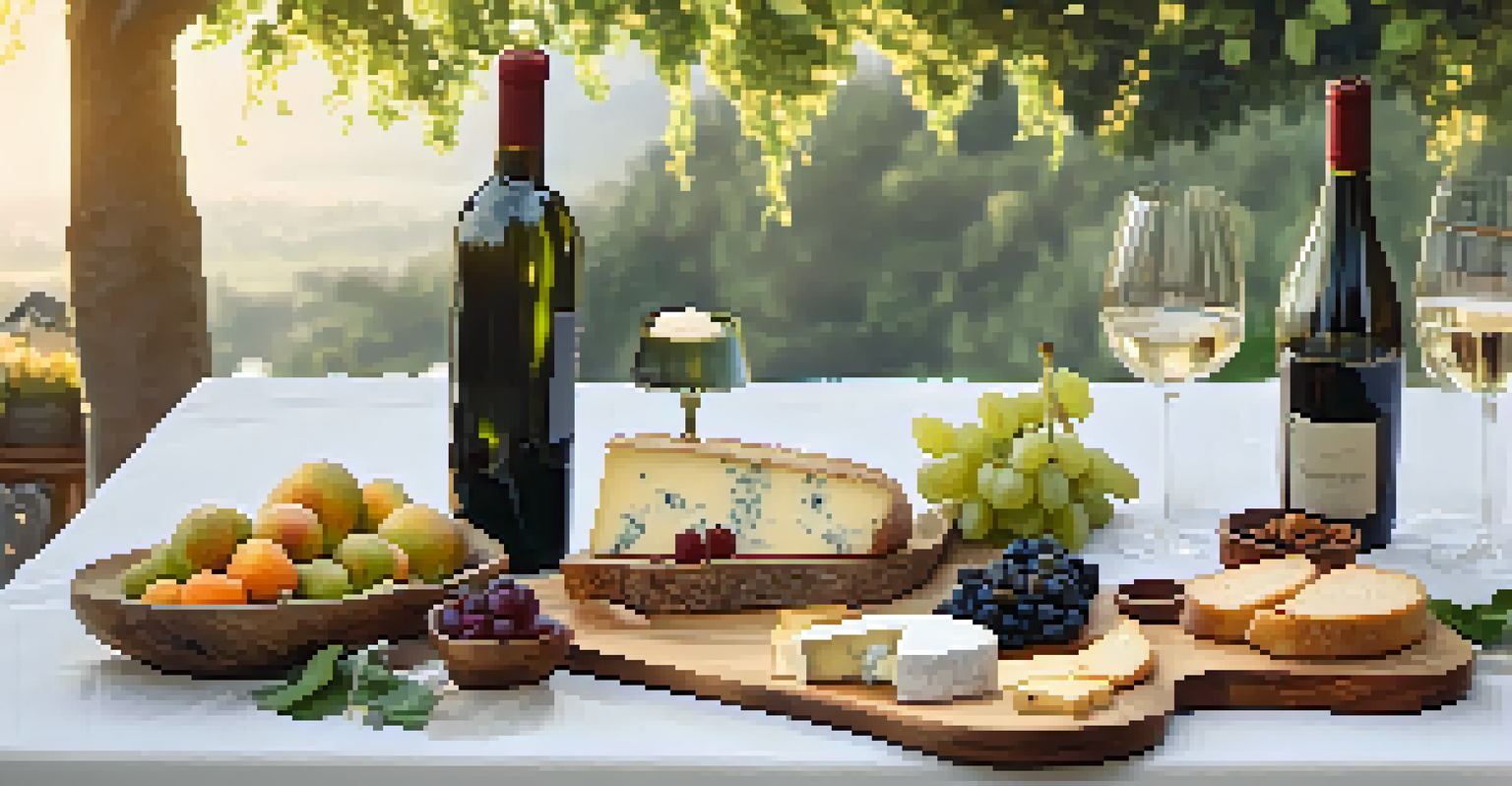 An outdoor wine tasting table beautifully arranged with wine glasses, cheese, and fruits.