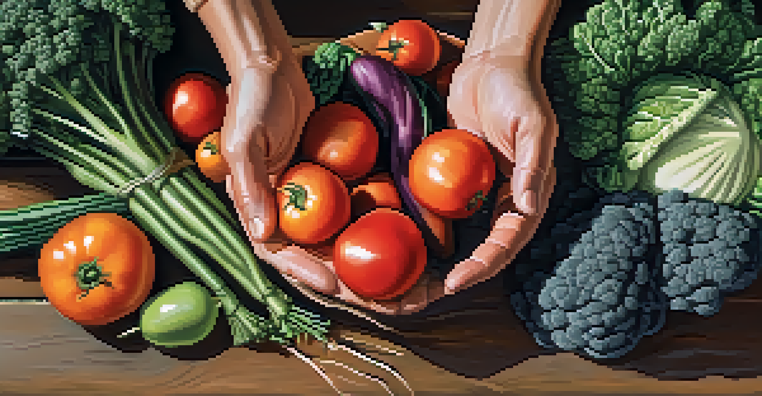 Close-up of a farmer's hands holding freshly harvested organic fruits and vegetables on a rustic wooden table.