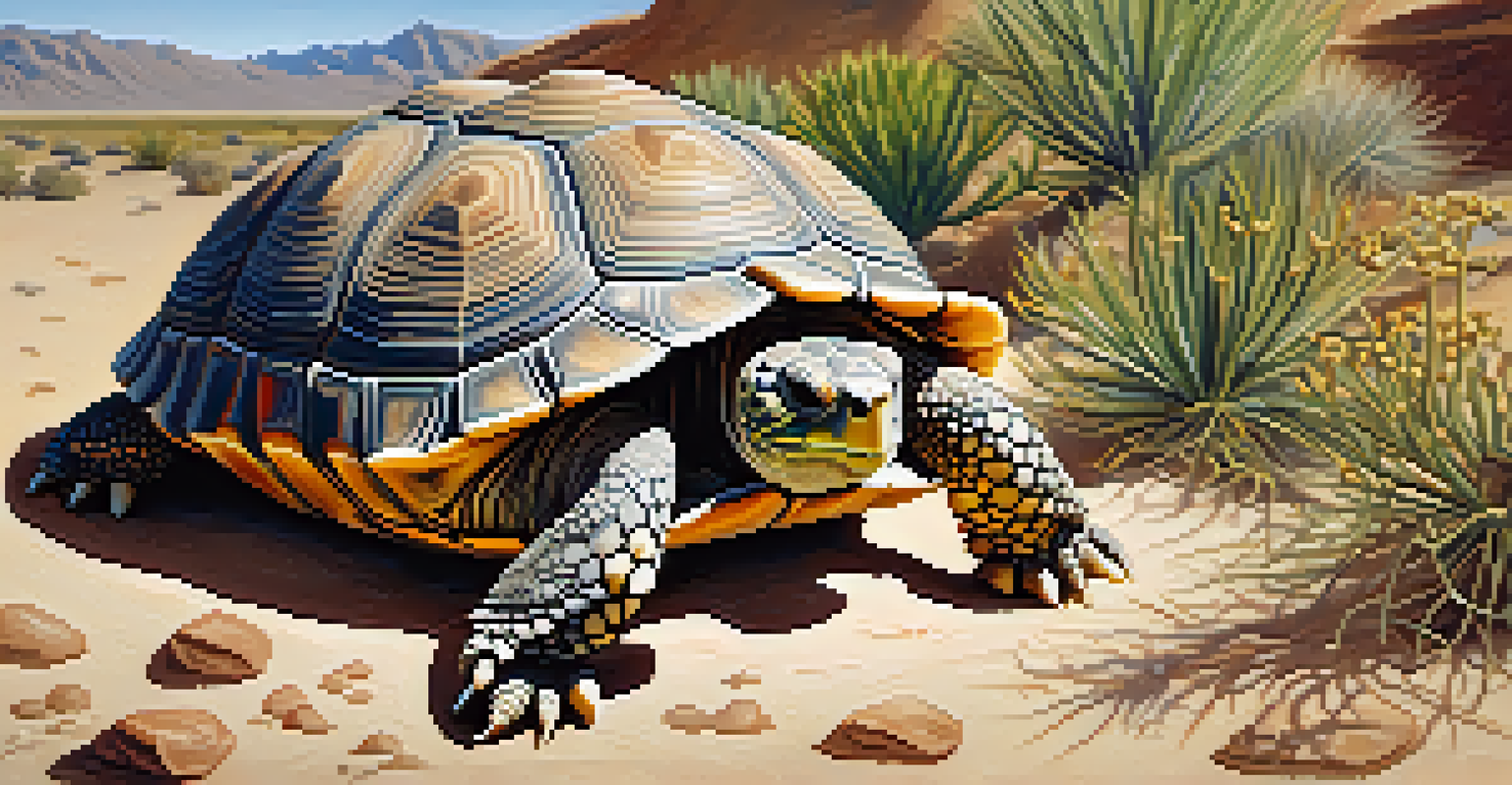 A close-up of a desert tortoise in the Mojave Desert, surrounded by sandy soil and sparse vegetation, showcasing its textured shell.
