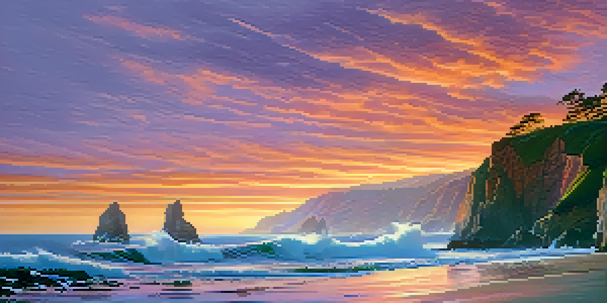 A scenic view of California's coastal cliffs at sunset, with greenery and ocean waves.