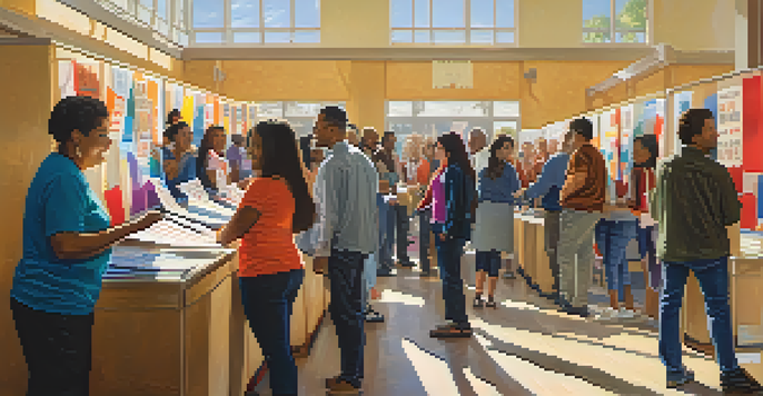 A bustling polling station in California with diverse voters casting their ballots, decorated with colorful campaign posters and illuminated by natural light.
