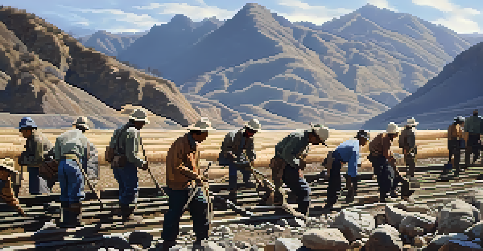Chinese laborers working on the Transcontinental Railroad construction, showcasing their determination against a rugged mountain backdrop.