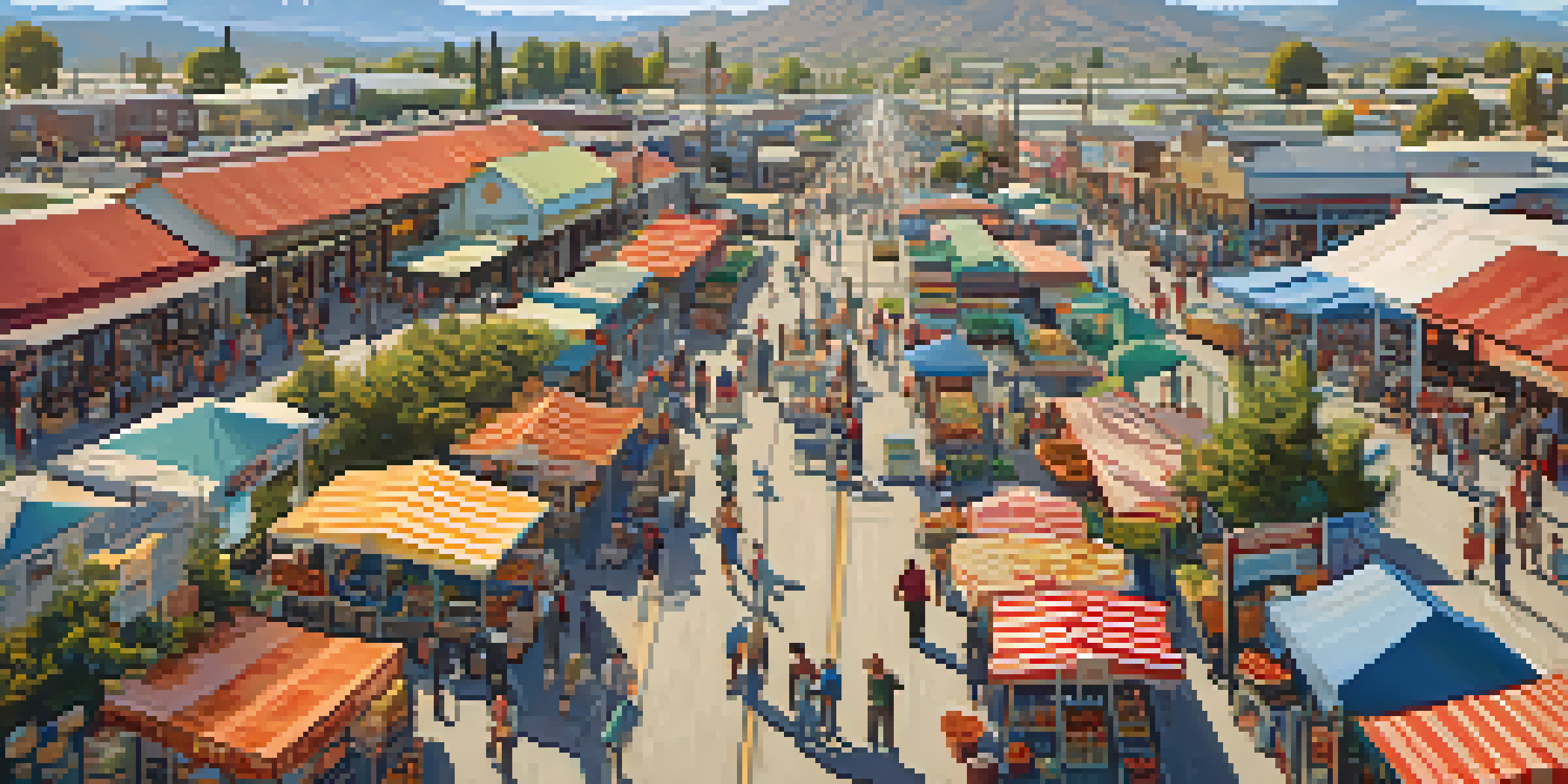 A vibrant California town along railroad tracks, featuring a marketplace with farmers and the Sierra Nevada mountains in the background.