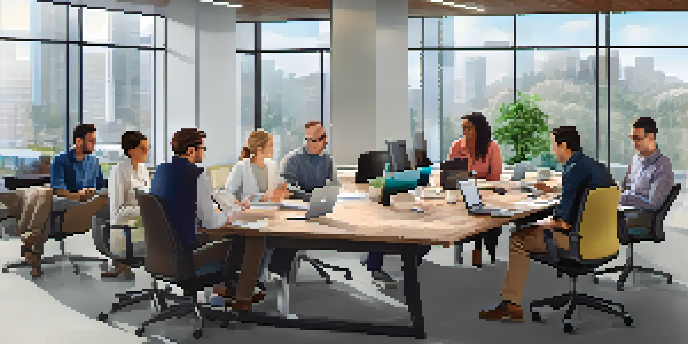 A diverse team of older and younger workers collaborating in a modern office, with natural light and engaging expressions.