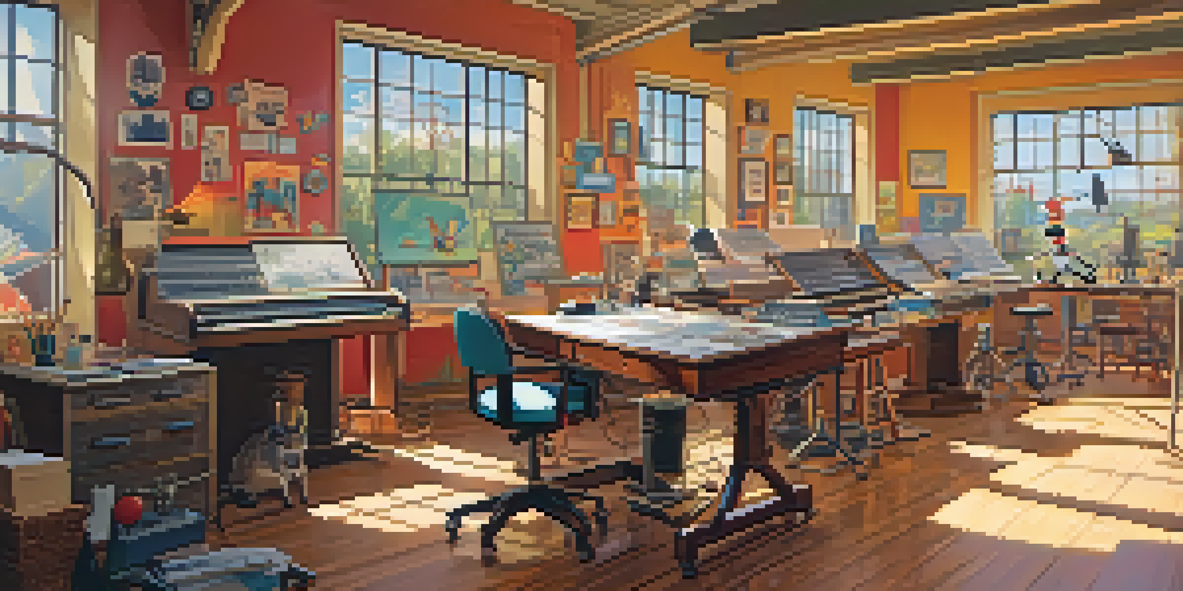 An animation studio showcasing artists creating classic characters, with bright sketches and vintage equipment illuminated by sunlight.