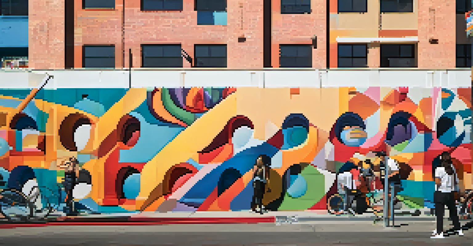 A vivid mural on a building in the Arts District of Los Angeles, with people admiring the artwork and a street artist at work.