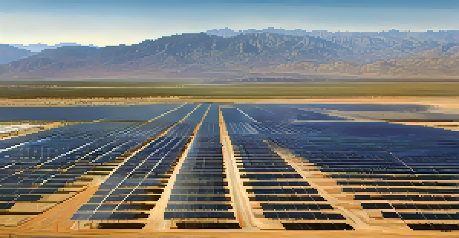Aerial view of solar panels in a California solar farm surrounded by desert and mountains.