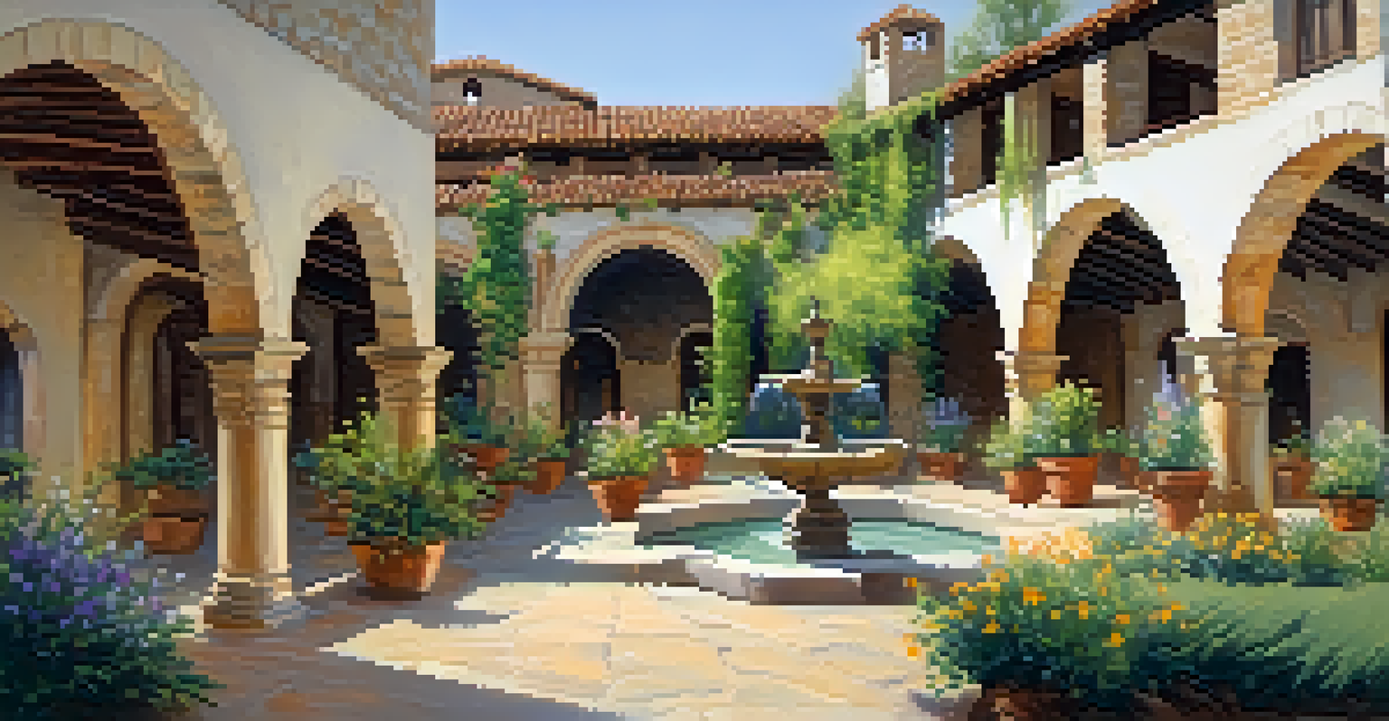 The interior courtyard of Mission San Juan Capistrano, displaying its lush greenery and historic architecture under soft sunlight.