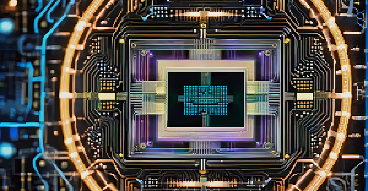 Close-up of a quantum chip illuminated by LED lights, surrounded by scientific instruments.