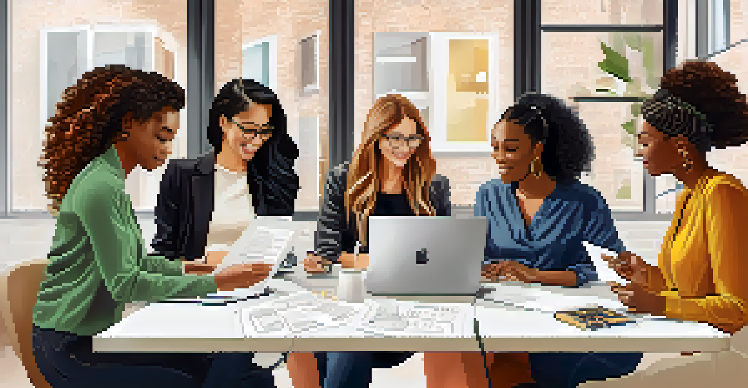 A group of diverse women entrepreneurs engaged in a digital marketing workshop, working together with laptops and collaborative materials in a bright setting.
