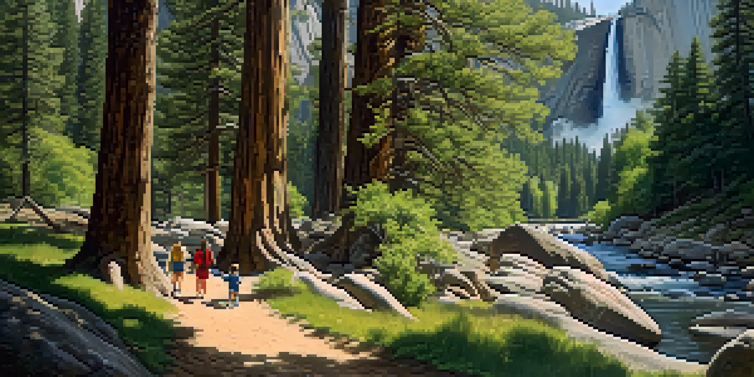 A family hiking in Yosemite National Park with granite cliffs and a deer in the background.