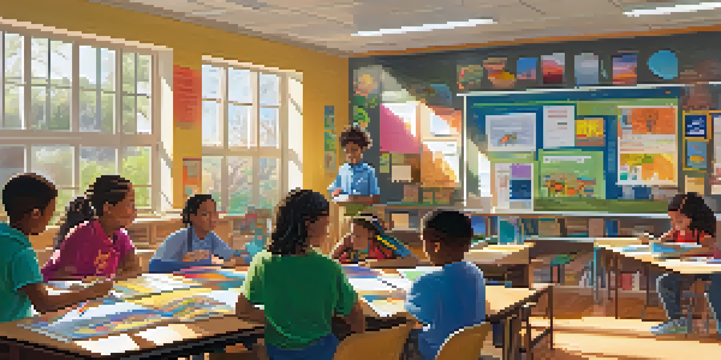 A bright classroom with diverse students collaborating on a project, with a teacher guiding them.