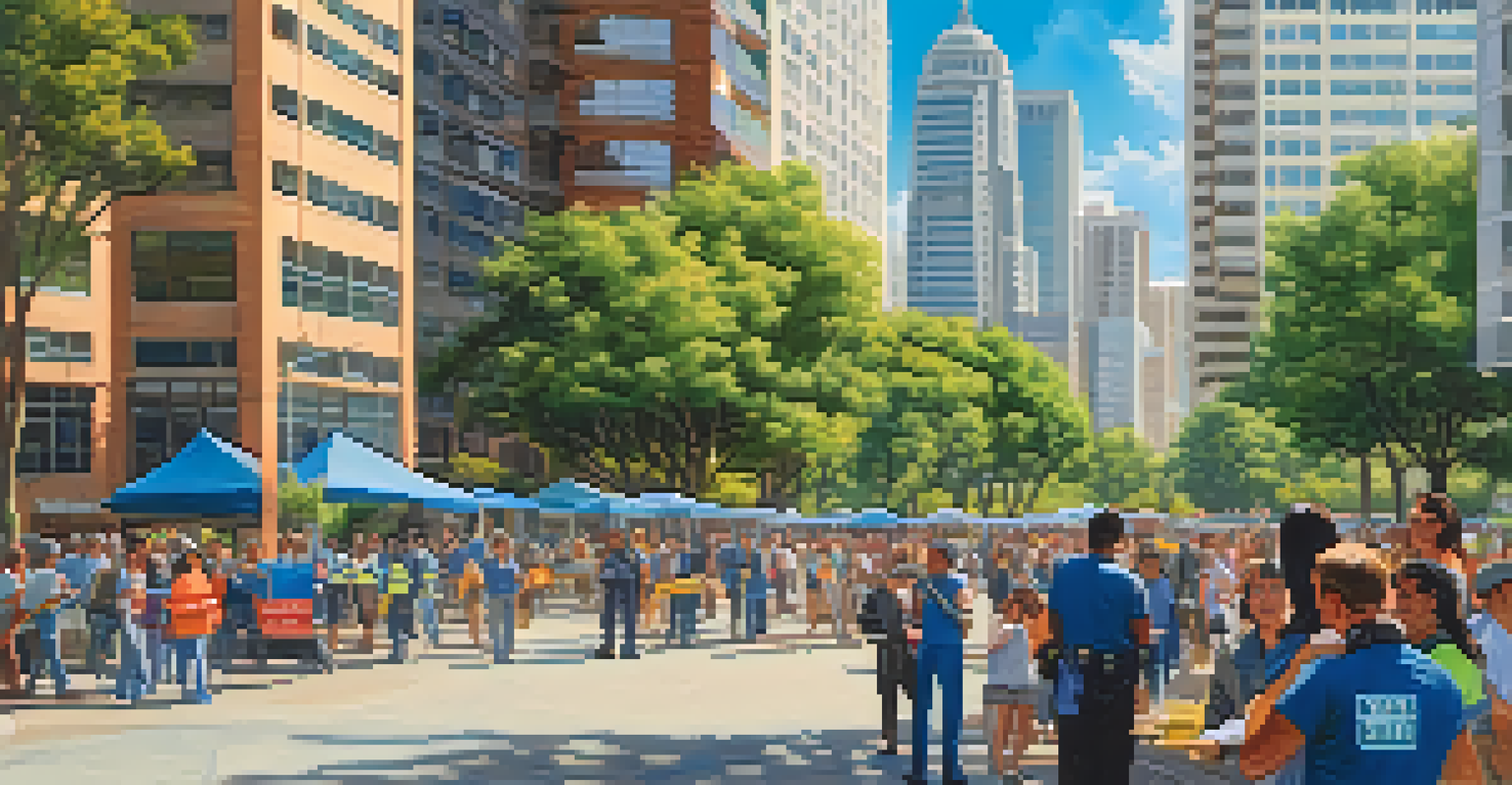 A vibrant California city with skyscrapers, retrofitted buildings, and a community emergency preparedness drill in a park.