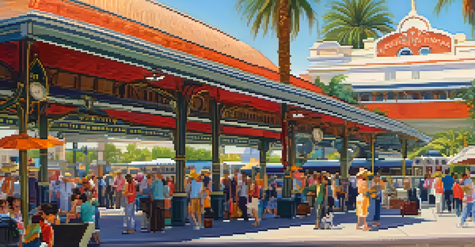A busy California train station filled with travelers and colorful signage, featuring modern architecture.