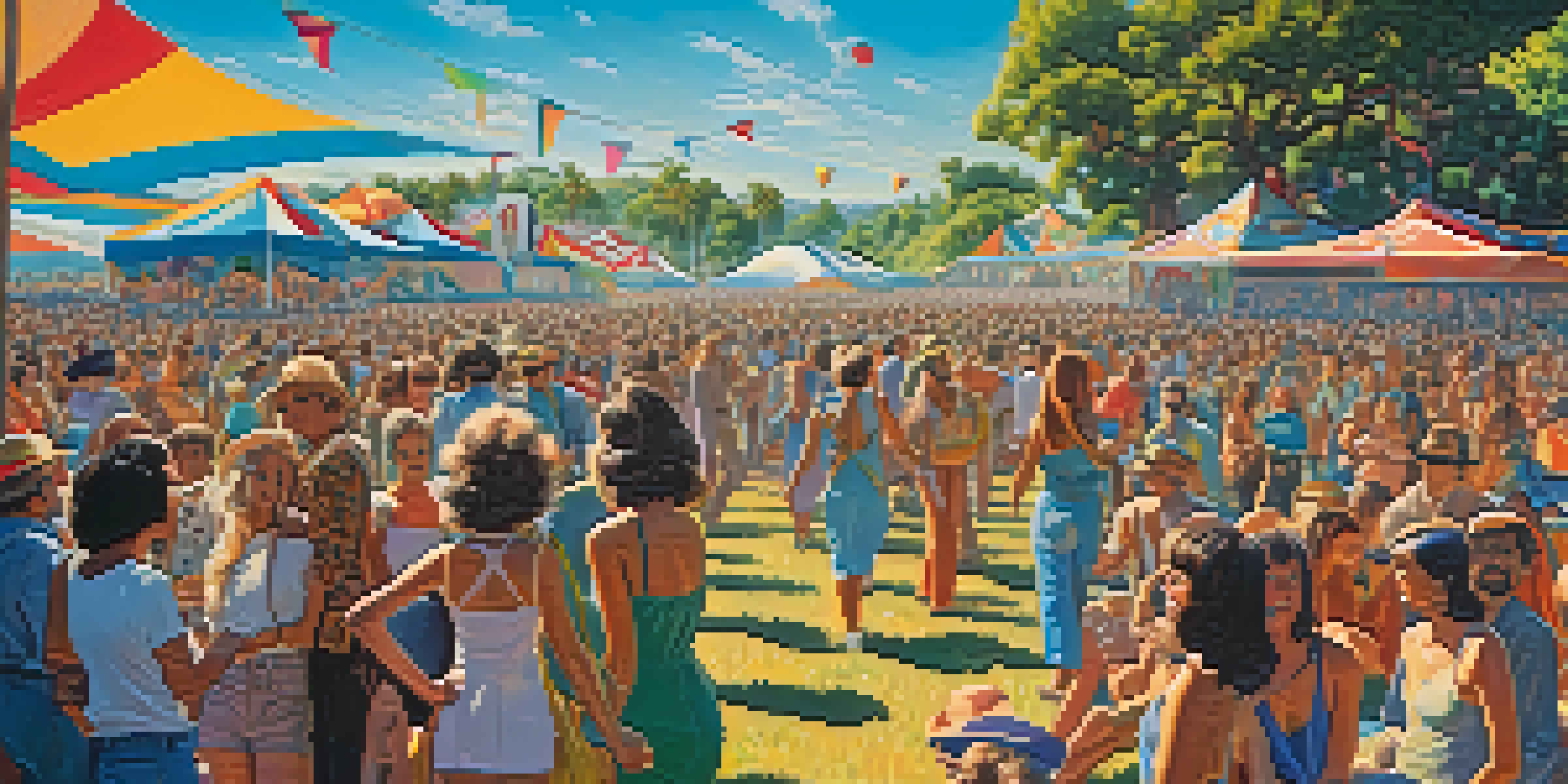 A lively outdoor music festival in California from the 1970s, with a crowd enjoying music, colorful stage designs, and attendees in retro outfits.