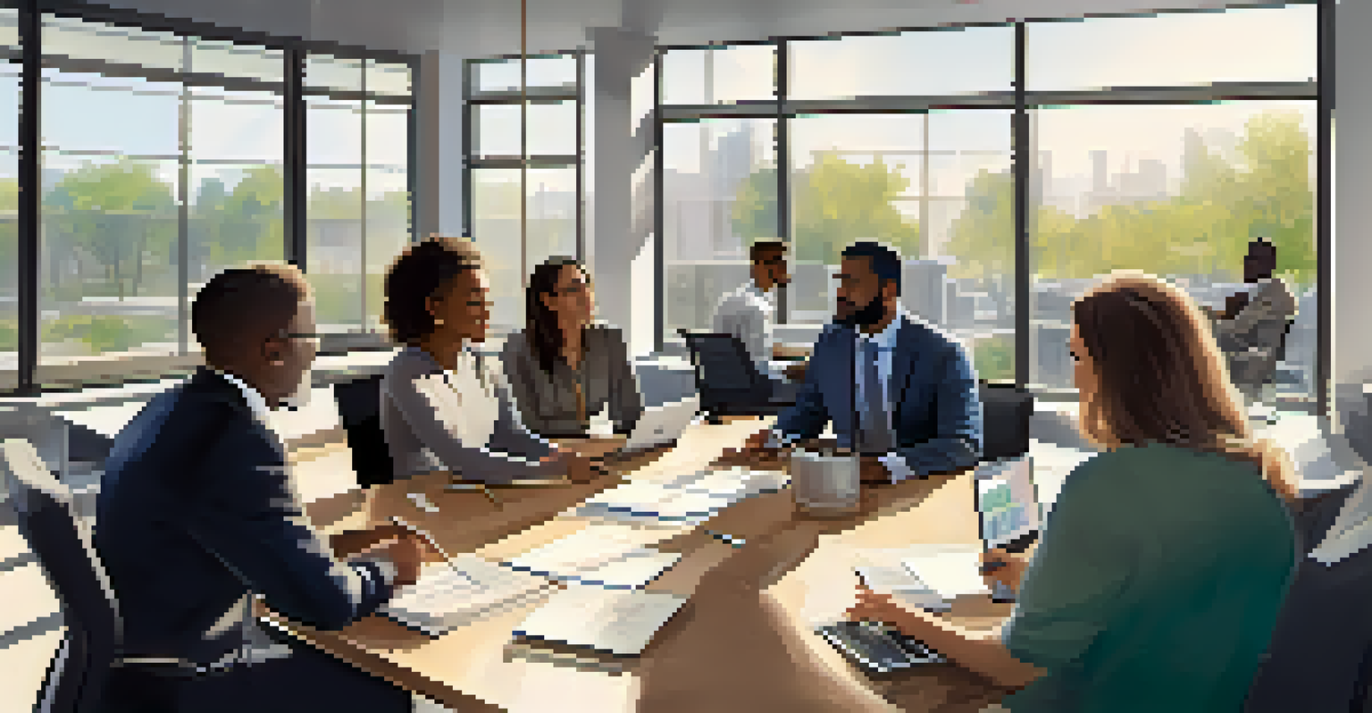 A diverse team meeting in a modern office, discussing community engagement strategies with laptops and notes on the table.
