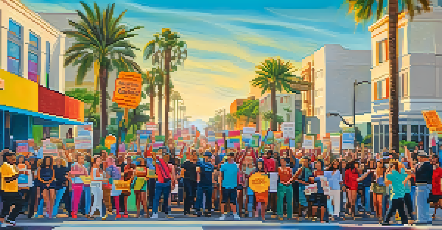 A modern street scene in California with a social justice protest, featuring diverse individuals holding signs against a backdrop of palm trees and colorful buildings.