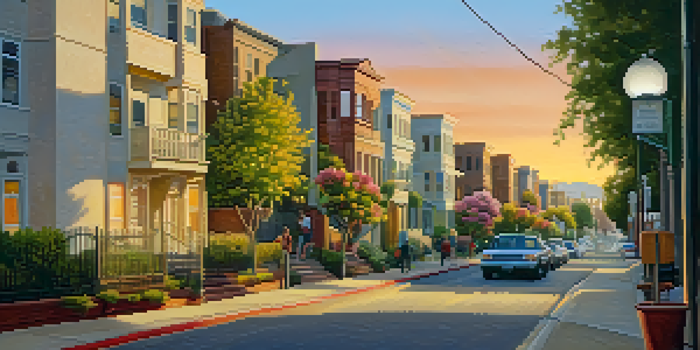A picturesque California neighborhood with diverse apartment buildings, a sunset in the background, and people walking along a flower-lined street.