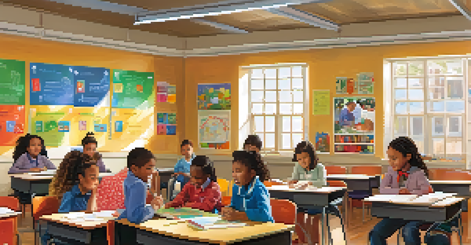A diverse group of children engaged in learning activities in a bright classroom, with colorful educational posters on the walls and sunlight coming through the windows.