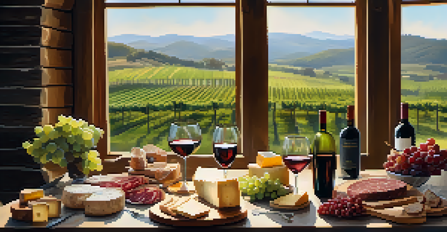 A cozy wine tasting scene with a wooden table set with wine glasses and a cheese platter, overlooking a vineyard.