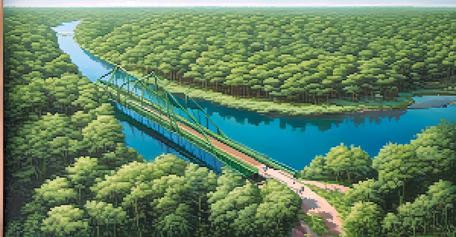 An aerial view of a green wildlife corridor bridge connecting two forests with a river below, featuring trees, shrubs, and birds flying overhead.