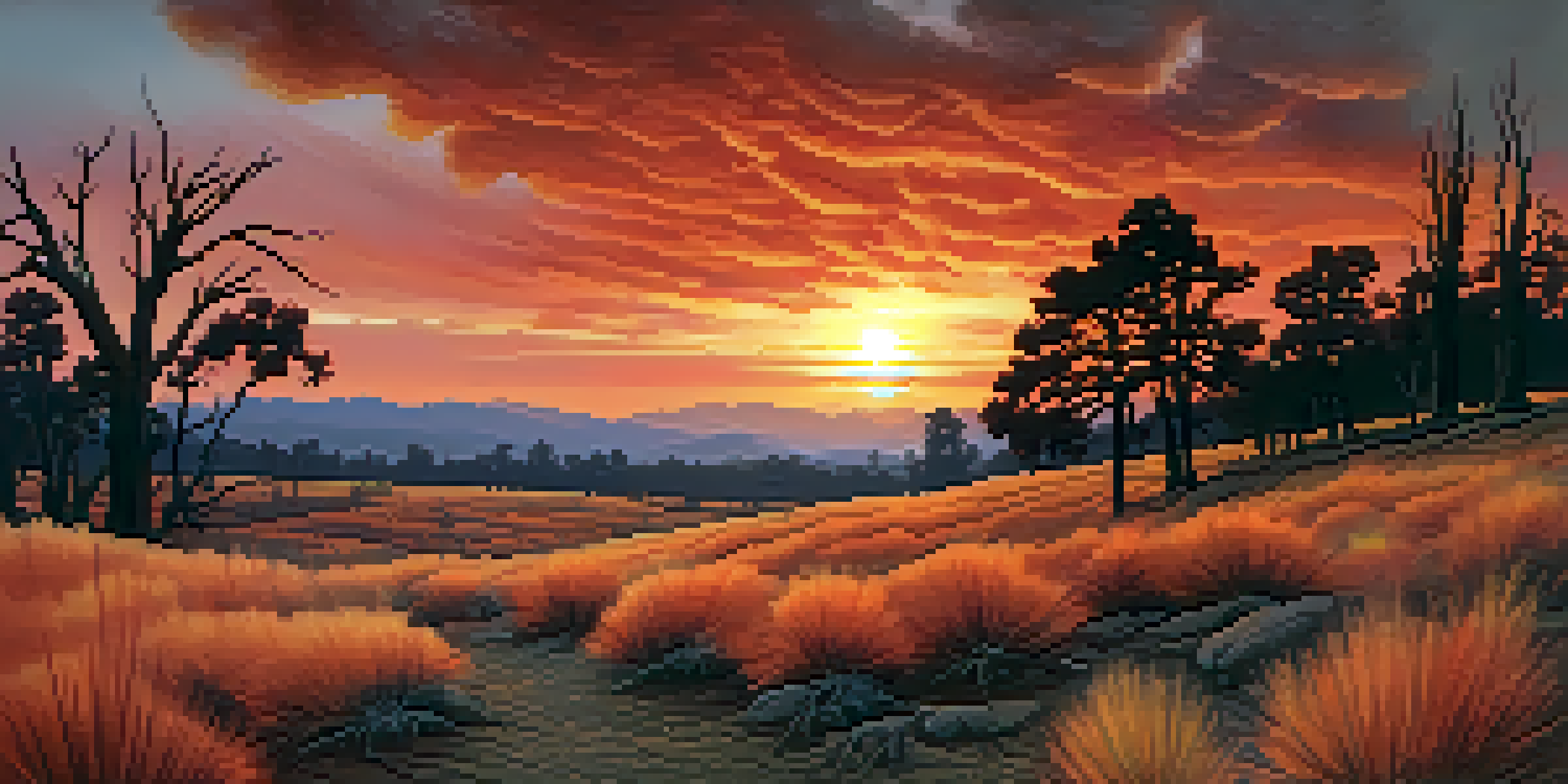 A wide view of a California landscape with a sunset, smoke rising from a wildfire, and charred trees in the foreground.