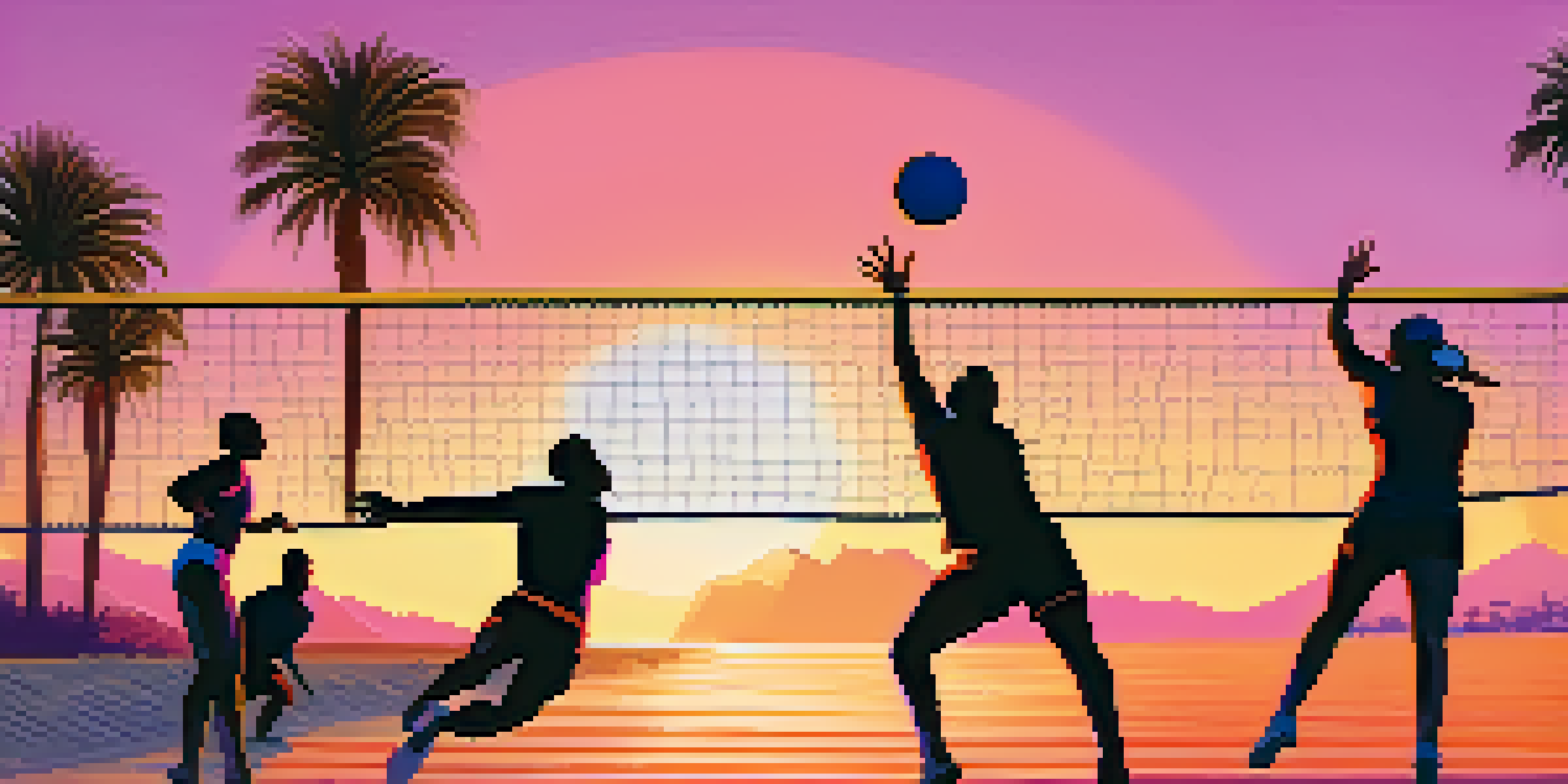 A beach volleyball match at sunset with diverse players, palm trees, and a colorful sky.