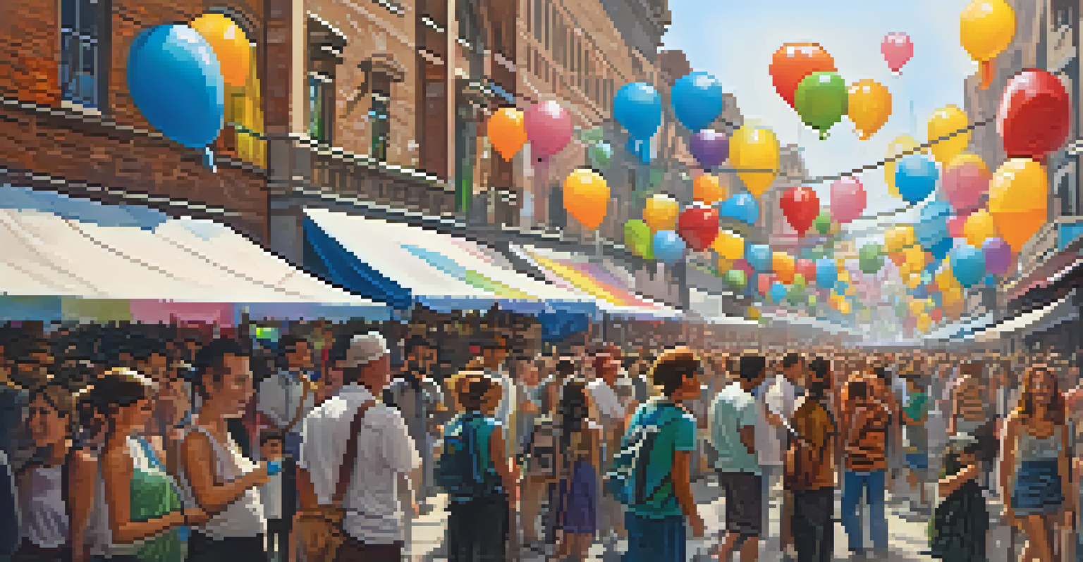A lively street art festival with artists painting murals, surrounded by a crowd, colorful balloons, and stalls, under bright cheerful lighting.