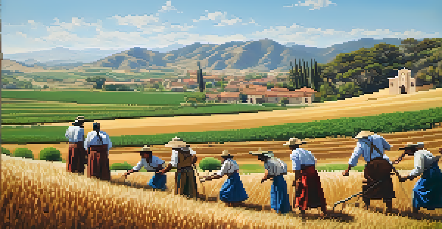Indigenous people farming near a Spanish mission, cultivating crops in a sunny landscape with rolling hills.