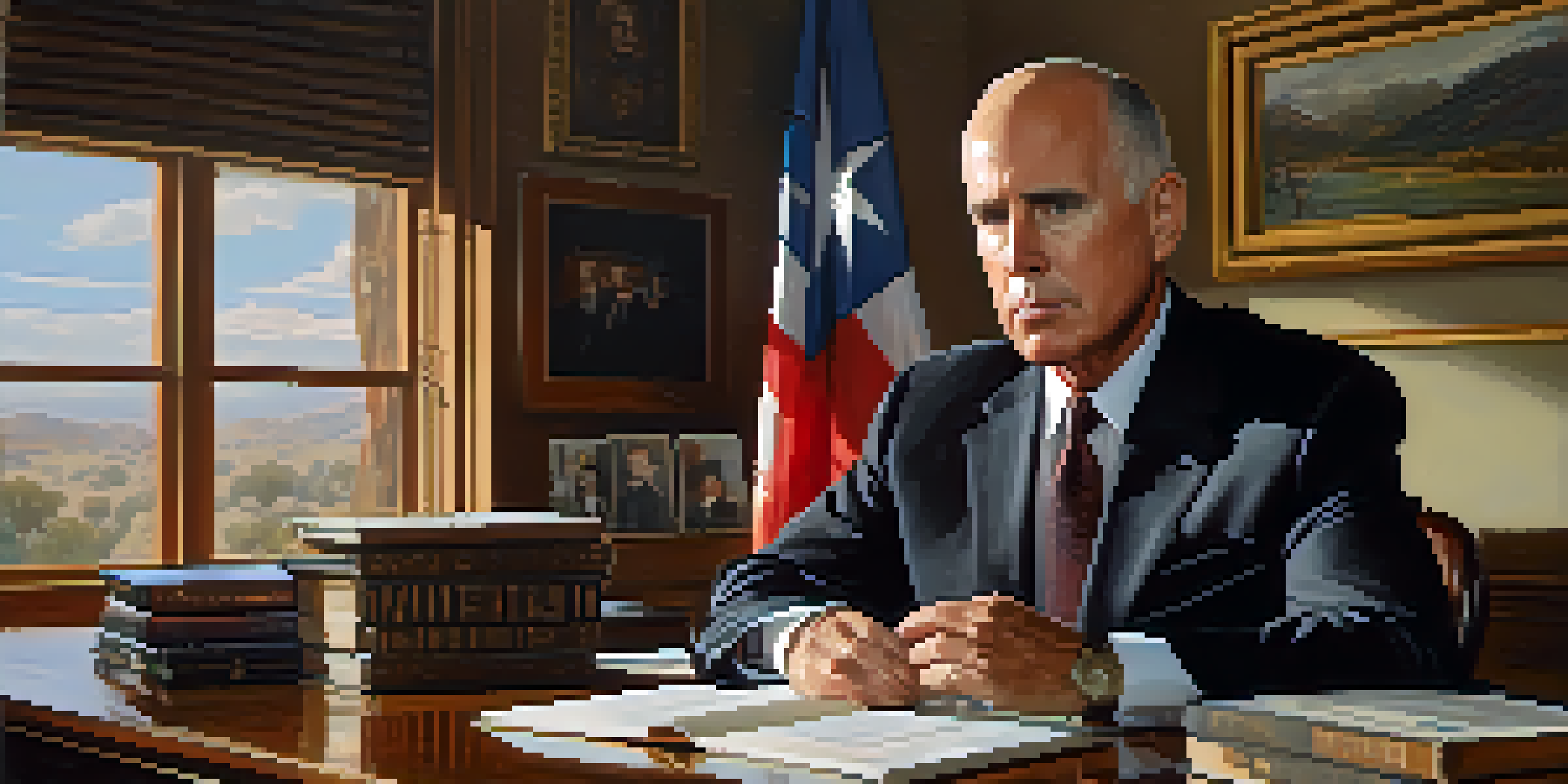 A formal portrait of Jerry Brown sitting at a desk with papers and books, illuminated by natural light, with the California state flag in the background.